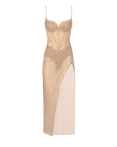 Milla Sensational Champagne Gold Crystal-embellished Maxi Dress On Spaghetti Straps