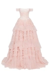 MILLA MISTY ROSE OFF-THE-SHOULDER FRILL-LAYERED GOWN