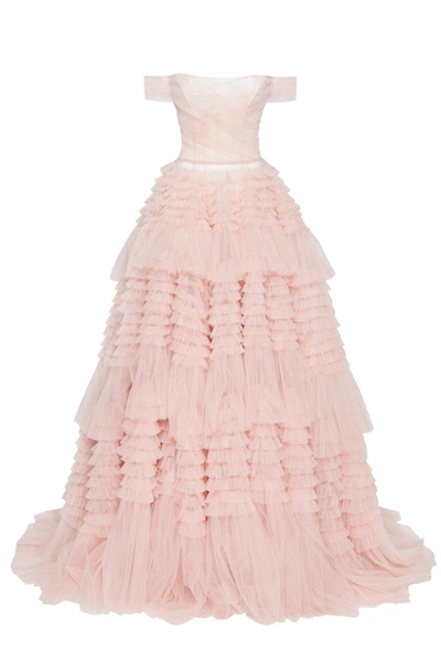 Milla Misty Rose Off-the-shoulder Frill-layered Gown In Pink