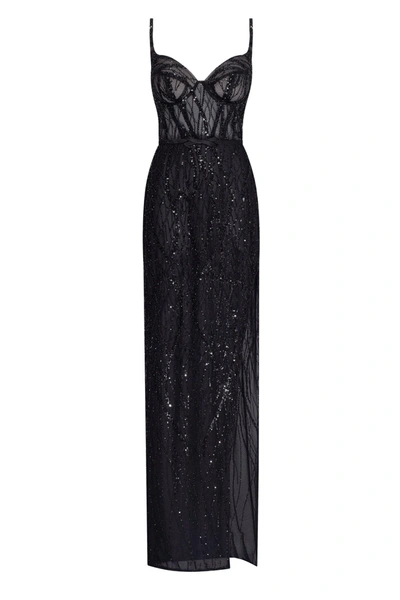 Milla Astonishing Sequined Maxi Gown On Spaghetti Straps In Black