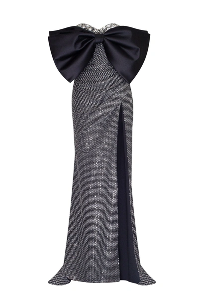 Milla Mesmerizing Big Bow Maxi Gown Covered In Rhinestones In Black