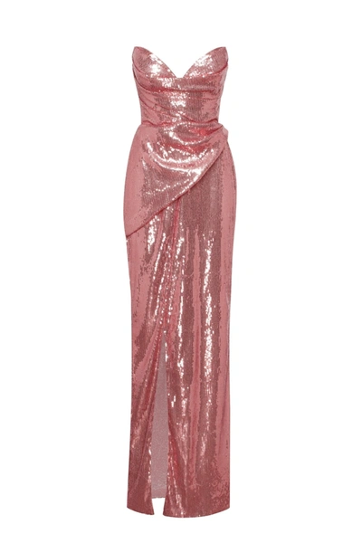 Milla Sequined Strapless Evening Gown In Rose Color With A Thigh Slit In Golden Rose