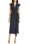 Cinq À Sept Tori Drape Padded Shoulder Dress In Navy