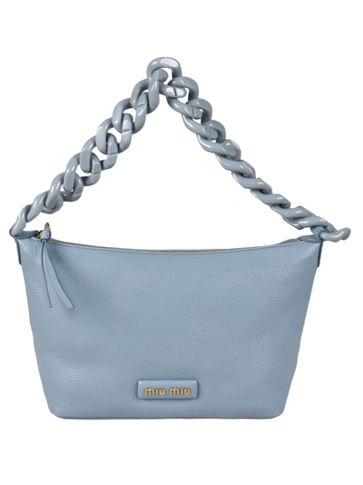 Miu Miu Chain Strap Logo Embossed Shoulder Bag In Astrale