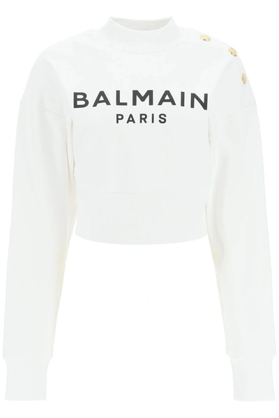 Balmain Logo Sweatshirt With Embossed Buttons In White