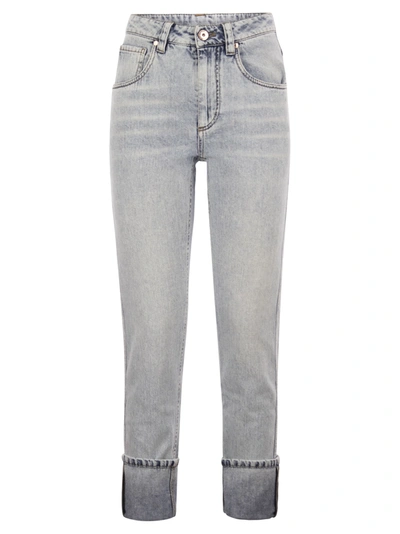 Brunello Cucinelli Soft Denim Straight Trousers With Shiny Details In Gray