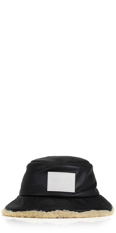 Mm6 Maison Margiela Black Patch Faux-leather Bucket Hat In 900 Black