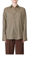 6397 Uniform Button Down Top In Tan/grey Stripe