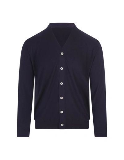 Fedeli Navy Blue Virgin Wool Cardigan With V-neckline