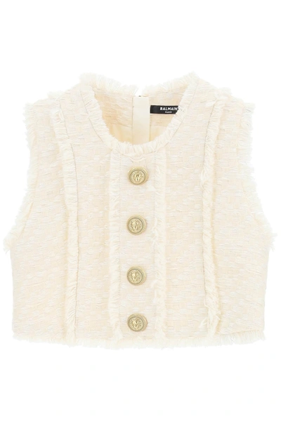 Balmain Tweed Crop Top With Embossed Buttons In Blanc Casse (white)