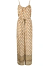 Gold Hawk Printed Silk Jumpsuit In Beige