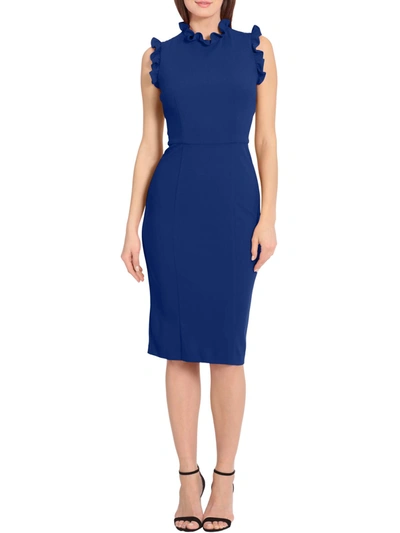 Maggy London Ruffle Mock Neck Sheath Dress In Dark Blue