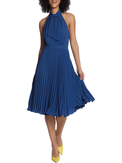 Maggy London Womens Pleated Tie Neck Midi Dress In Blue