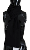 Gf Ferre' Black Wool Knitted Neck Wrap Shawl Fringes Scarf In Black