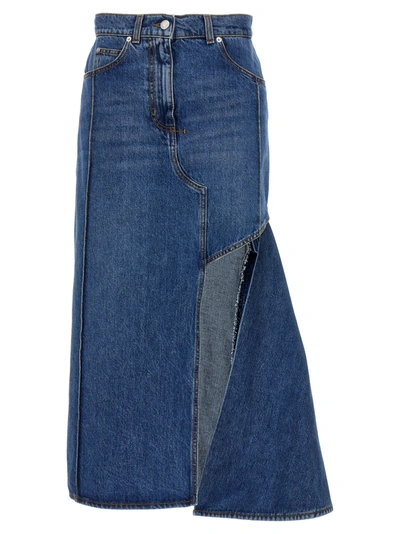 Alexander Mcqueen Denim Midi Skirt With Asymmetric High Slit In Azul