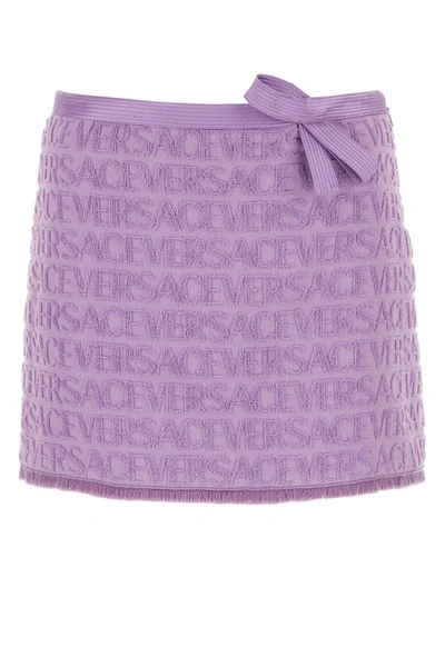 Versace Woman Lilac Terry Fabric  Allover Mini Skirt In Purple