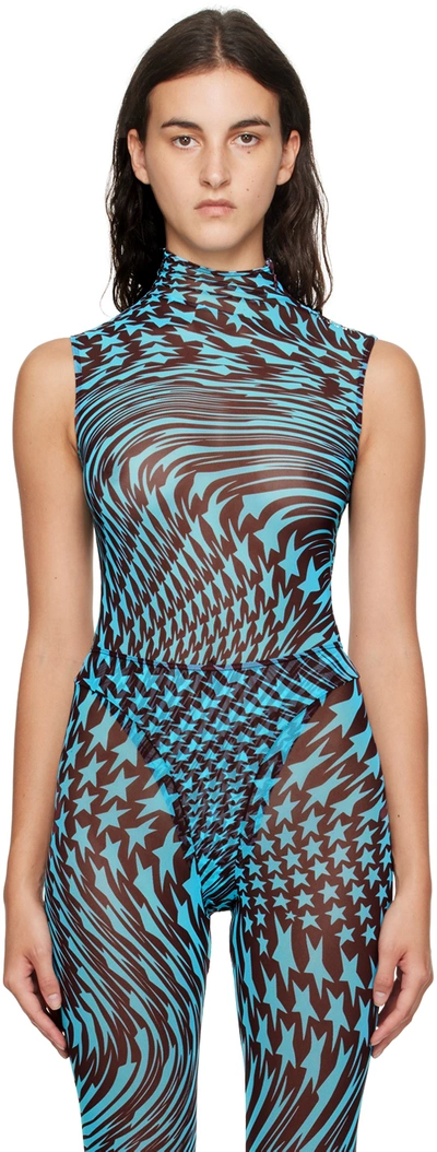 Mugler Star-print Mesh Bodysuit In Blue