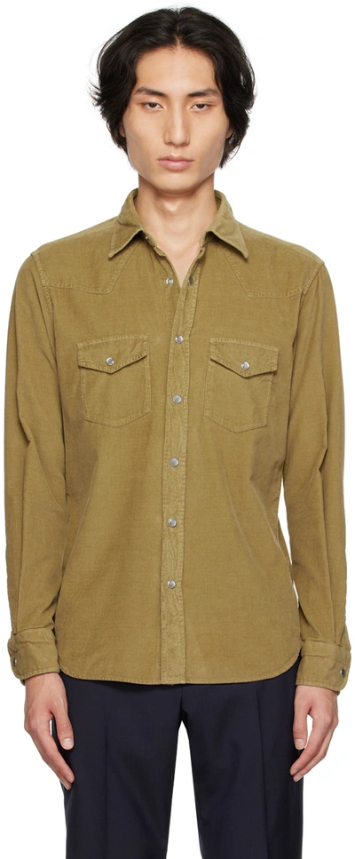 Tom Ford Mens Brown Western Pleated-cuff Regular-fit Cotton-corduroy Shirt