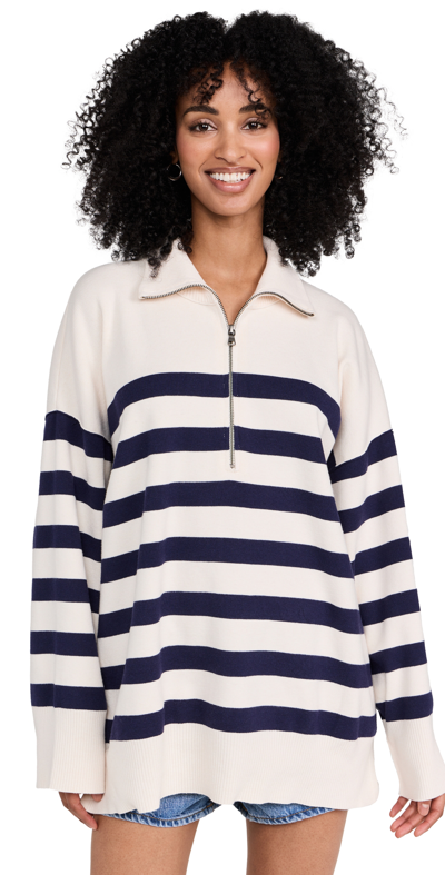 Free People Coastal Stripe Pullover Sweater In Champagne Navy Combo