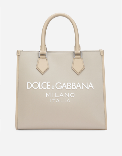 Dolce & Gabbana Small Nylon Shopper With Rubberized Logo In Beige