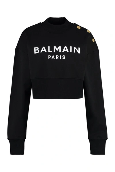 Balmain Logo Printed Cropped Sweatshirt In Black