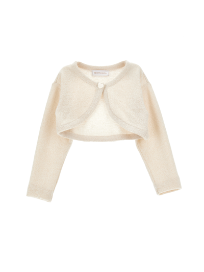 Monnalisa Kids'   Merino Lurex Wraparound Cardigan In Ecru + Gold