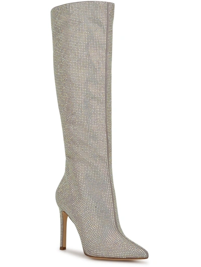 Nine West Tysh Womens Embellished Pointed Toe Knee-high Boots In Silver
