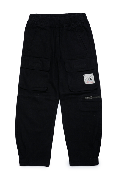 N°21 Kids' Logo-patch Cotton Cargo Trousers In Black