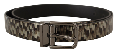 Dolce & Gabbana Brown Herringbone Leather Gray Belt