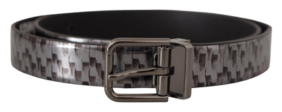 Dolce & Gabbana Grey Herringbone Leather Grey 3d Metal Buckle Belt