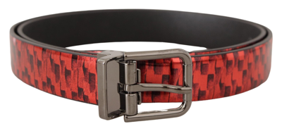 Dolce & Gabbana Red Herringbone Leather Gray Tone Buckle Belt