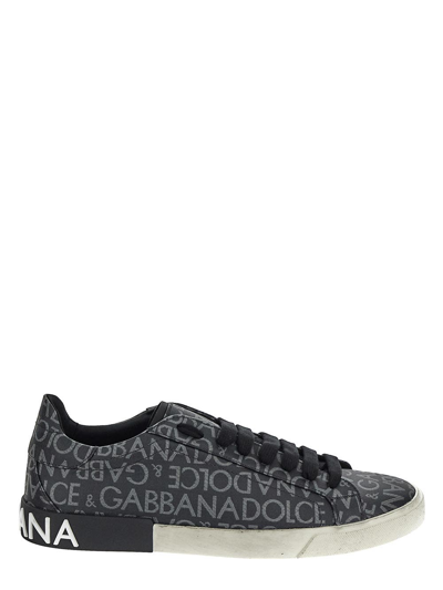 Dolce & Gabbana Portofino Vintage Jacquard Coated Trainers In Black