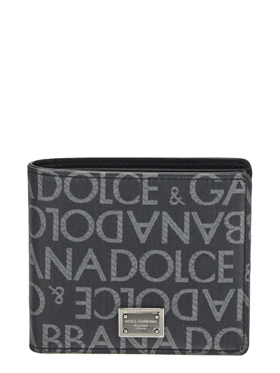 Dolce & Gabbana Logo Fabric And Leather Bifold Wallet In Black,grey