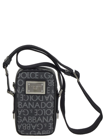 Dolce & Gabbana Small Coated Jacquard Crossbody Bag In Black