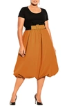 City Chic Paris Days Belted Midi Dress In Caramel/ Black