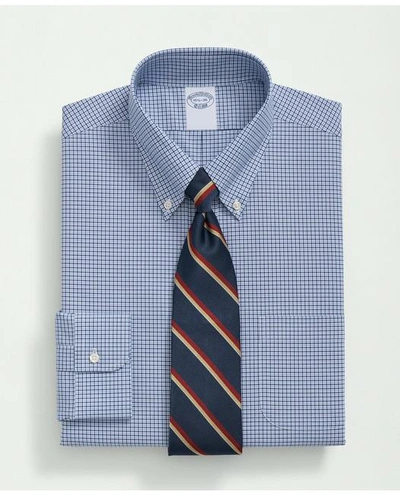 Brooks Brothers Stretch Supima Cotton Non-iron Poplin Polo Button-down Collar, Checked Dress Shirt | Blue | Size 17½