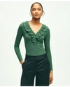 Brooks Brothers Long Sleeve Cotton Modal Ruffled Top | Dark Green Heather | Size Xs