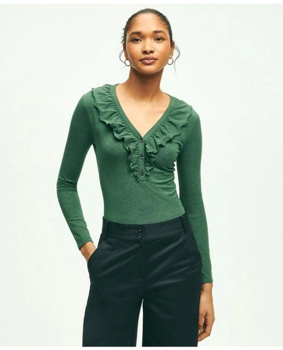 Brooks Brothers Long Sleeve Cotton Modal Ruffled Top | Dark Green Heather | Size Xs