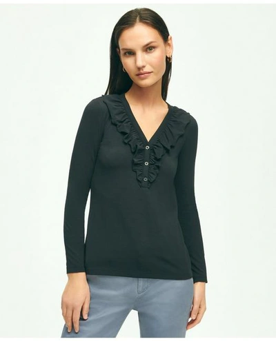 Brooks Brothers Long Sleeve Cotton Modal Ruffled Top | Black | Size Xs