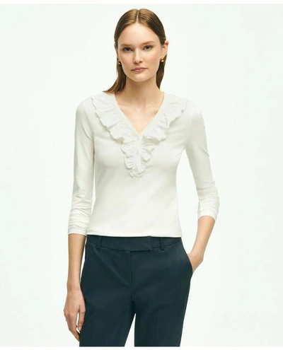Brooks Brothers Long Sleeve Cotton Modal Ruffled Top | White | Size Xl