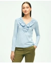 Brooks Brothers Long Sleeve Cotton Modal Ruffled Top | Medium Blue Heather | Size Xl
