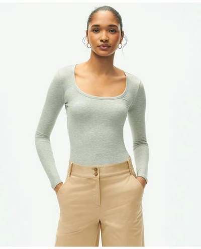 Brooks Brothers Long Sleeve Jersey Ribbed Scoop Neck Top | Light Grey Heather | Size Small