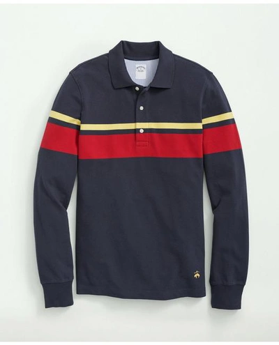 Brooks Brothers Golden Fleece Stretch Supima Cotton Pique Long-sleeve Chest Striped Polo Shirt | Navy | Size Large
