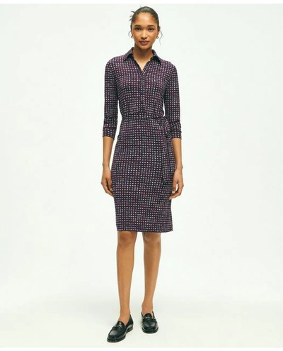 Brooks Brothers Jersey Belted Plaid Print Dress | Navy | Size Large