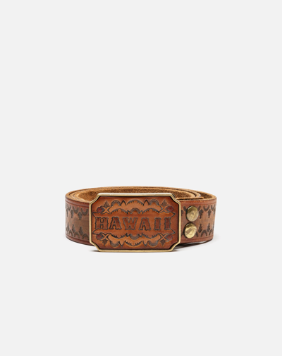Marketplace 70s Hawaii Brass Buckle On Stamped Belt In Brown