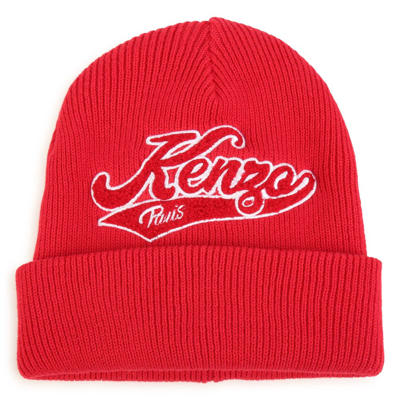 Kenzo Kids' 标贴罗纹针织套头帽 In Red