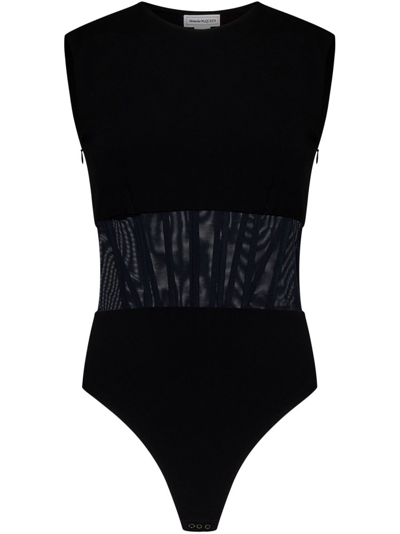 Alexander Mcqueen Fitted Bodysuit With Sheer Corset Detail In Black