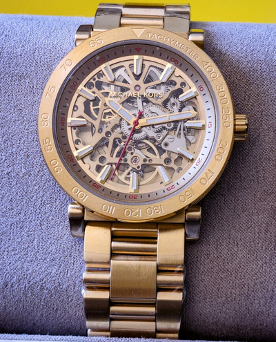 Pre-owned Michael Kors Greer Gold Mens Automatic Skeleton Watch Mk9035