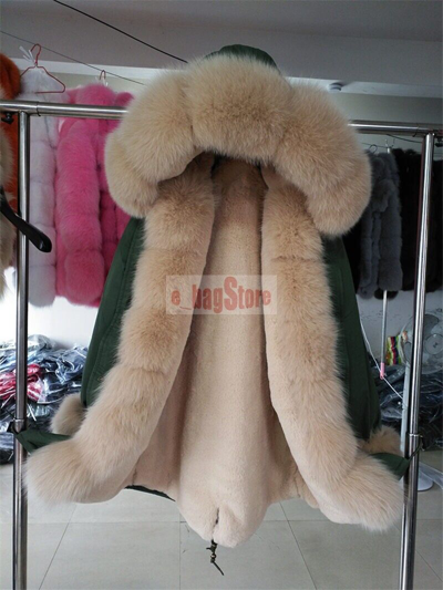 Pre-owned Nobby Women's Coat Real Fox Fur Collar Cuffs Hooded Jacket Winter Warm Parkas In Army Green+beige+beige