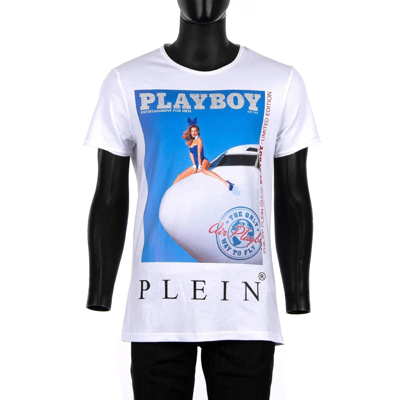 Pre-owned Philipp Plein X Playboy Stewardess Printed Crystals Logo T-shirt White 08457